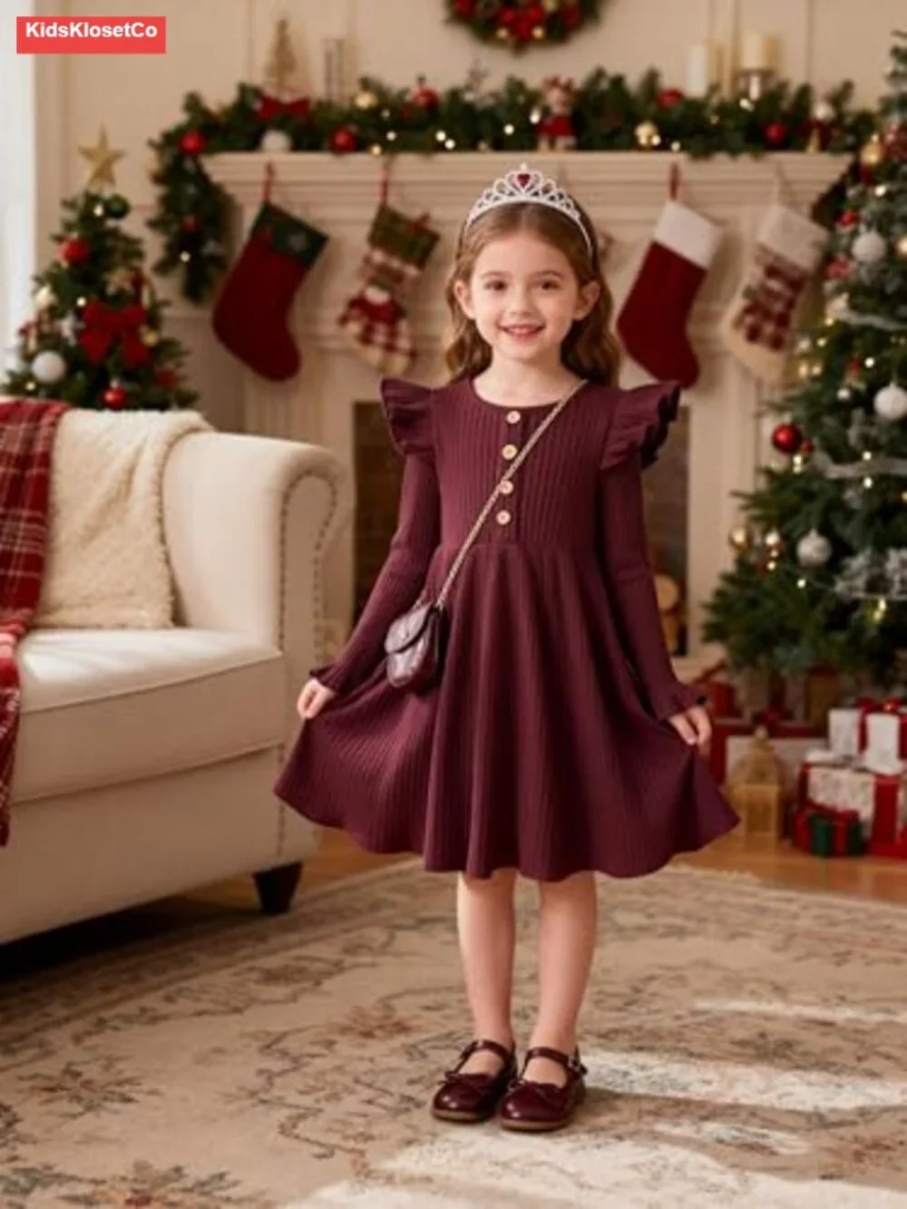 Toddler Girl Ruffle Sleeve Ribbed Knit A-Line Sweater Dress